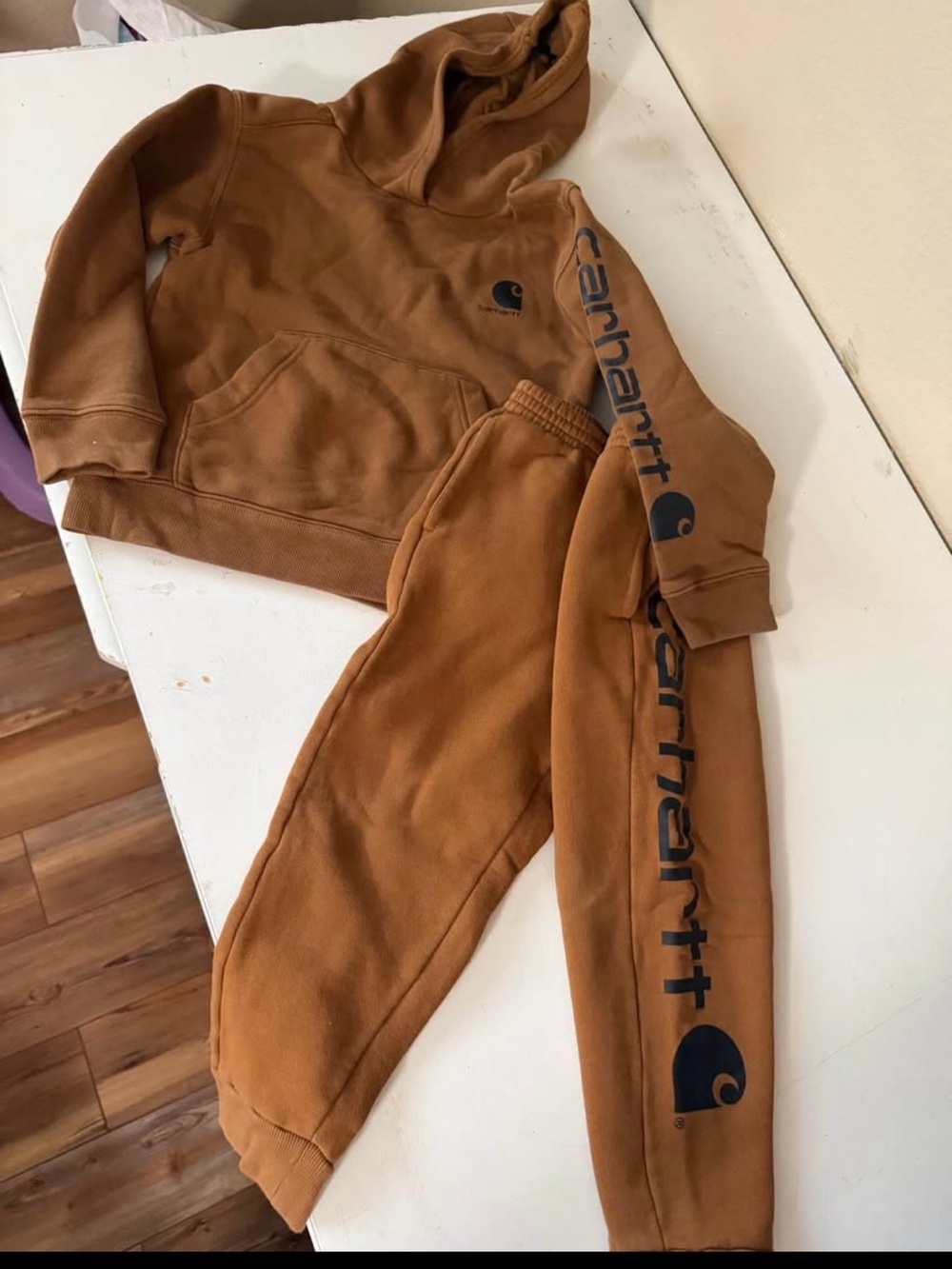 Carhartt Kids Brown Hoodie & Jogger Set with Navy Logo